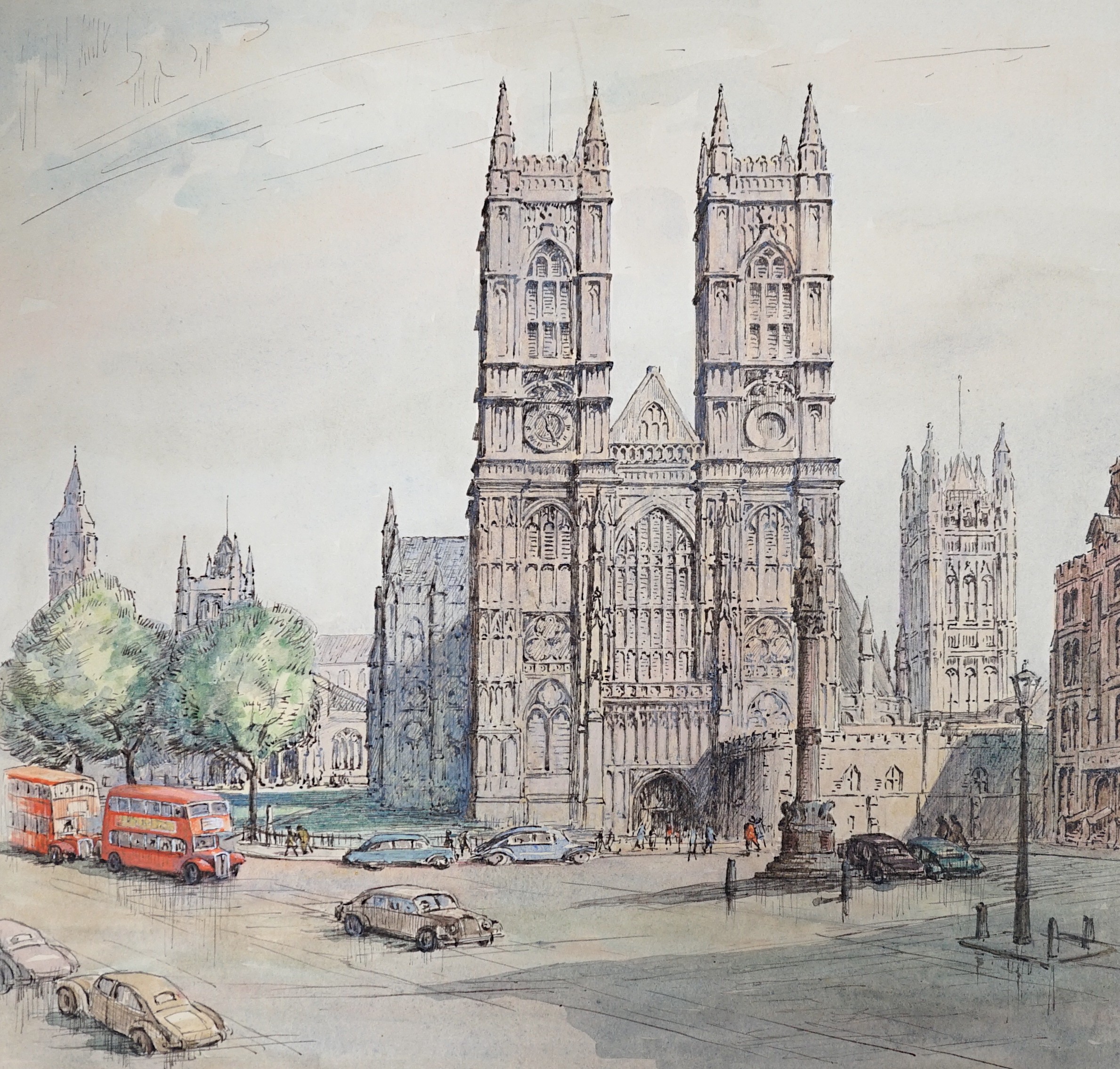Adeline Margery Barker (1888–1970), set of four ink and watercolour designs for artwork, London street scenes, 31 x 31cm, unframed